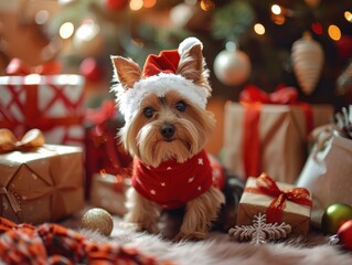 A festive dog wearing a Santa hat and red sweater sits among Christmas presents, surrounded by holiday decorations.