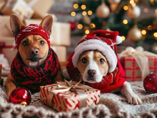 Two festive dogs in holiday attire sit on a cozy blanket surrounded by presents and a Christmas tree, exuding a cheerful and warm holiday spirit.