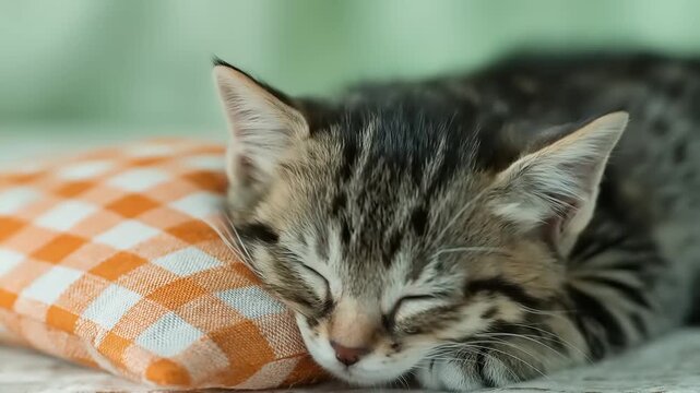 A sleeping kitten rests its head on an orange gingham pillow, soft lighting