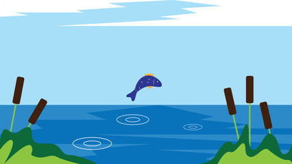 Pond with Fish Jumping out of Water Flat Style. Nature landscape and outdoor scenery vector art