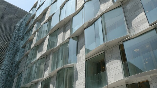 The building features innovative architecture with wavy glass windows and light-colored stone. Sunlight reflects off the surfaces showcasing a contemporary urban design.