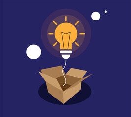 Shining Light Bulb Sticking out of Open Carton Box. Start up in business and idea generation, thinking outside the box vector art