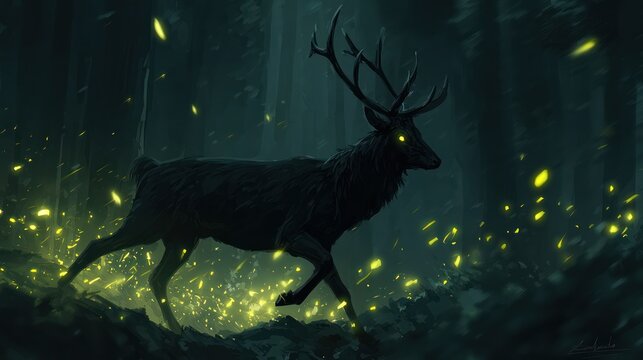 Majestic dark stag strides through forest amid bright light motes, glowing eyes stand out