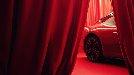 Car hidden behind velvet curtains in a dimly lit showcase area, awaiting its grand reveal for excited audience members