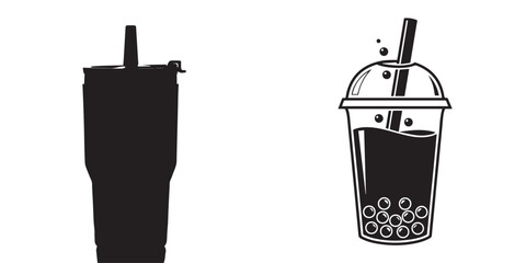 Monochrome Illustrations of Modern Drink Tumbler and Boba Tea Cup