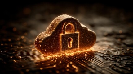 Digital cloud with a golden lock symbolizing secure data storage in a technological environment