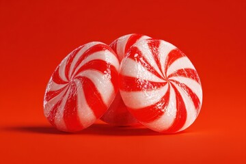 Round peppermint candy with white and red spirals sits on a matching red surface