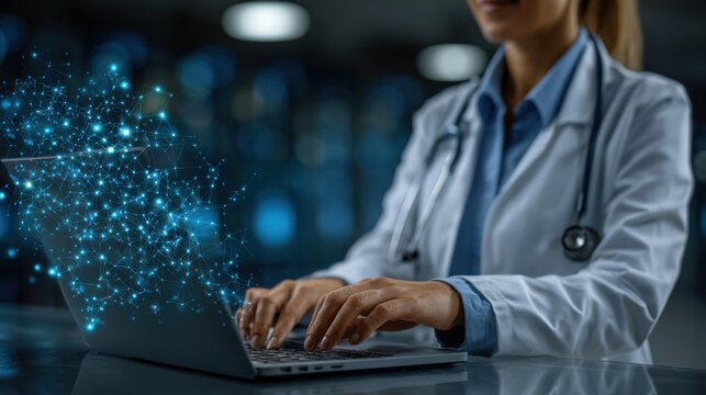 Healthcare professional uses laptop to analyze data and improve patient outcomes in a modern medical facility - Powered by Adobe