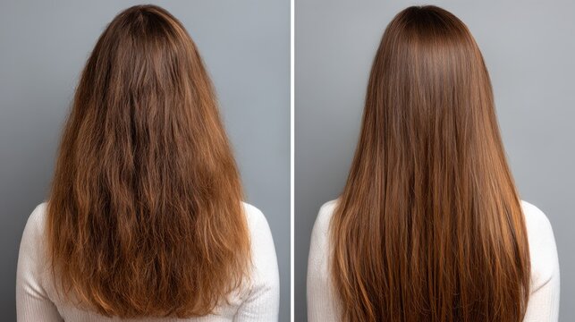 Transformation of hair from frizzy and wavy to smooth and straight in a styling session
