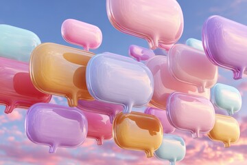 Colorful message bubbles float among pastel clouds in a bright, playful abstract landscape representing communication and social interaction