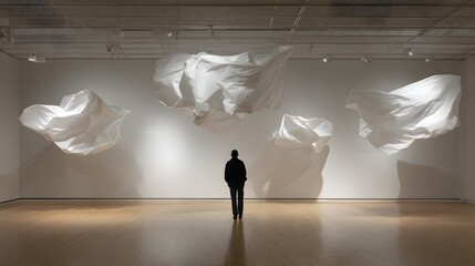 Person observes large abstract white fabric sculptures in a modern gallery.
