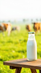 Cow herd grazing in blossom field at beautiful sunset time, healthy nutritious breakfast milk. Oat Milk in the glass. Vegan concept. Farming eating cow milk bottle. High quality