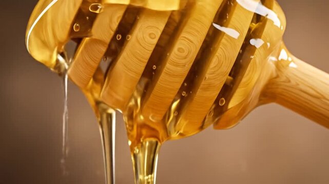 Golden honey dripping from a wooden dipper in a close up shot.