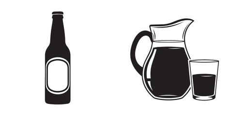 Minimalist Black and White Vector Icons of Bottle, Jug, and Glass