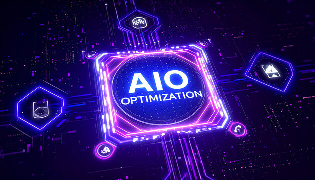 AIOテキストが発光しOptimizationの概念を体現するAIテクノロジーの象徴的ビジュアル