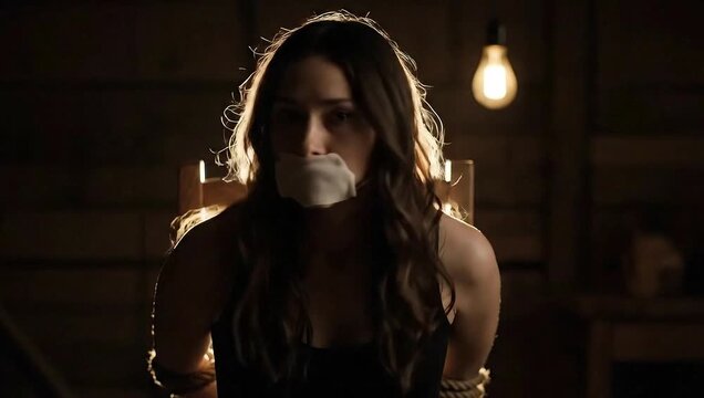 Woman Tied to Chair with Gag in Dark Room, Victim Concept