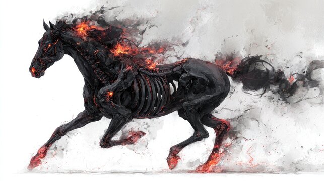 Dark horse gallops, surrounded by smoke, with exposed bone structure and glowing highlights