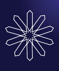 White geometric mandala with star symmetry and polygon shapes on dark blue gradient background representing islamic art modern decoration abstract pattern and elegant cultural design concept