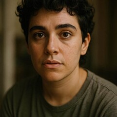 Obraz premium Man in Green Shirt Staring at Camera