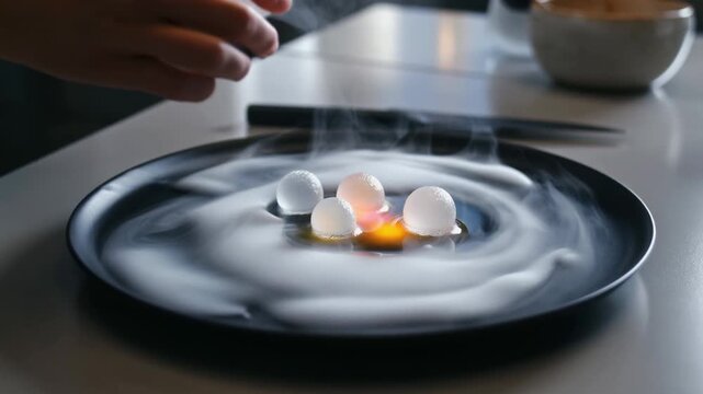 n a sleek, minimal kitchen, a chef carefully places edible spheres and smoke wisps on a black plate.