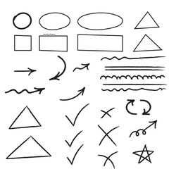 Collection of hand drawn geometric shapes arrows checkmarks and symbols on white background
