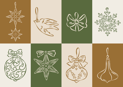 Christmas ornament doodles collection. Art for greeting cards, wedding invitations, poster design, postcards, branding, logo design, background.