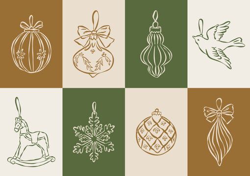Christmas ornament doodles collection. Art for greeting cards, wedding invitations, poster design, postcards, branding, logo design, background.