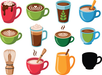 Fototapeta premium Collection of assorted hot beverages in colorful mugs and cups