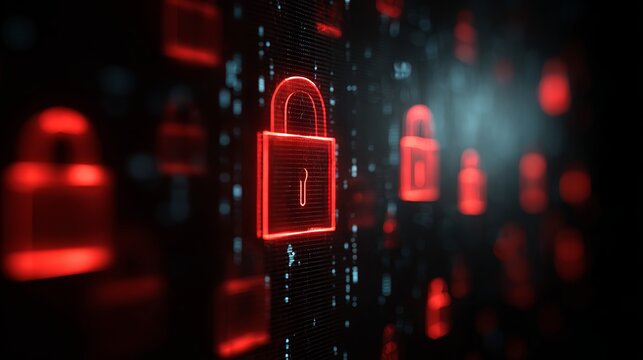 Cybersecurity concept with glowing red locks representing data protection and digital security measures