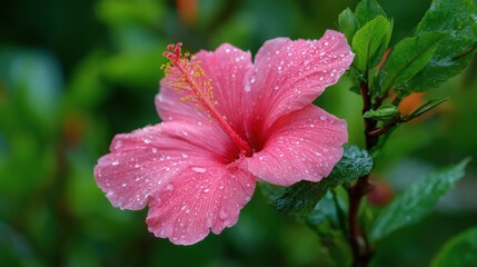 Obraz premium A vibrant pink hibiscus flower stands out among its green leaves glistening with raindrops showcasing natures beauty in a peaceful garden during the morning hours.