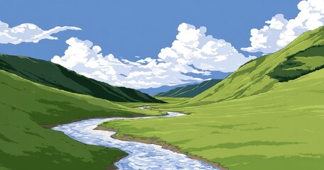 Green Valley Landscape with River and Clouds.