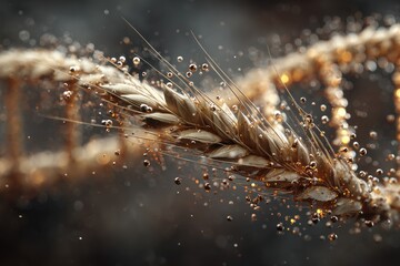 Ear of Wheat surrounded by golden liquid bubbles floats near a dna strand