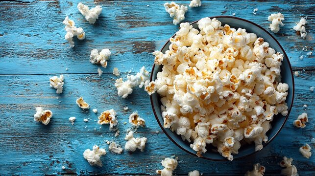 Delicious popcorn in a bowl on a vibrant blue wooden table perfect for a movie night or snack
