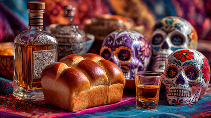 Dia de Muertos Fiesta: A vibrant still life captures the essence of Dia de Muertos, showcasing festive sugar skulls alongside tequila and pan dulce. A vivid tapestry of color and tradition.