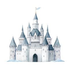 Obraz premium A simple, cute, and adorable watercolor castle with turrets, a gray-blue roof, and white walls.