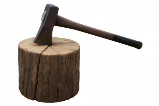 Splitting maul embedded in a treestump, ready for splitting wood or chopping firewood for camping and survival, transparent background