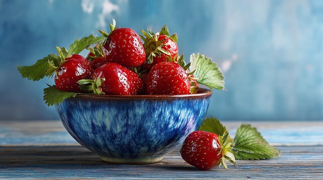 Fresh strawberries in a vibrant blue bowl on a rustic wooden table, perfect for healthy eating