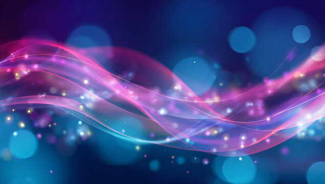 An abstract background with pink and purple wavy lines, blurred lights, and sparkles on a blue background, creating a dreamy and modern visual style.
