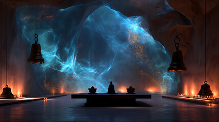 Sui-Tang Dynasties: Three Teachings Fusion - Confucianism: Ritual & Music Splendor: Qi of the Mingtang, Golden Light Points, Blue Sound Waves, Rammed Earth Platform, Bronze Bells