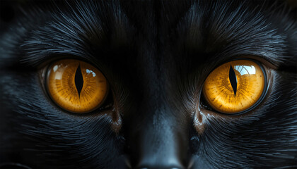 Close-up of a black cat's striking amber eyes, showcasing intricate details and captivating gaze, perfect for animal lovers and feline enthusiasts