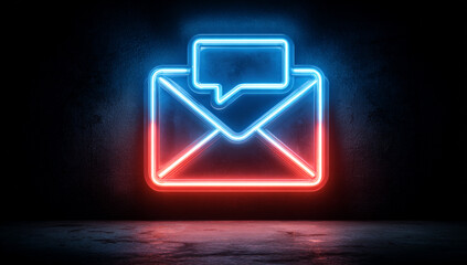 A high-resolution icon in blue and red neon light, featuring a message bubble containing an envelope, set against a black background, modern and glowing design.
