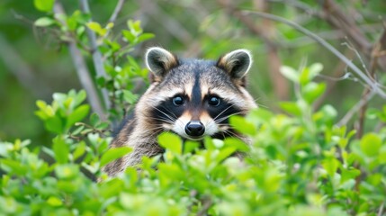 Obraz premium Cute Raccoon Peeking Through Green Bushes in Natural Forest Setting