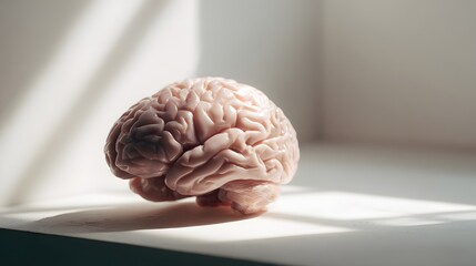 Human brain model on a white surface with dramatic light and shadow.