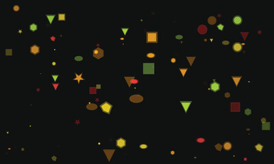 Floating multicolored geometric shapes scattered on a dark background design