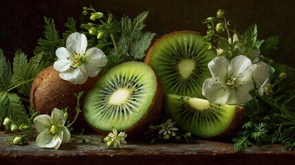Fresh kiwi fruit and delicate white flowers arranged in a stunning still life composition with natural beauty