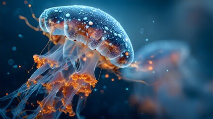 Bioluminescent jellyfish drift through the deep ocean's blue and orange hues.