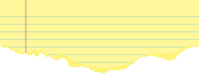 Yellow legal pad ripped paper for office and business memos. Textured notebook piece of striped sheets with torn edge. Collage element with strokes for banner design and scrapbooking.