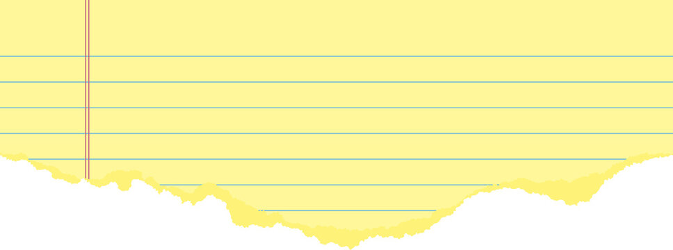 Yellow legal pad ripped paper for office and business memos. Textured notebook piece of striped sheets with torn edge. Collage element with strokes for banner design and scrapbooking.