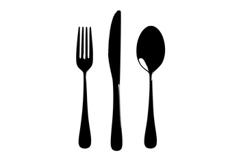 a black cutlery set consisting of a knife, fork and spoon on a plain transparent backgroundblack, cutlery, fork, profile, silverware, utensil 
