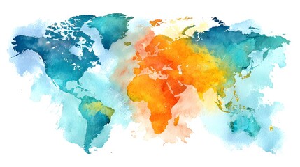 Colorful watercolor world map displays continents in vibrant hues.
